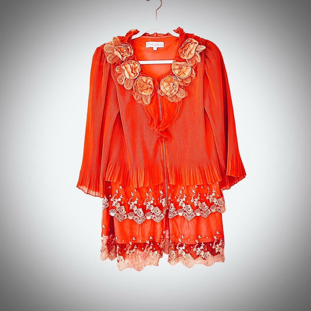 Pretty Angel Orange Silk Blend Puff Sleeve Cardigan Blouse 3D Flowers Romantic S